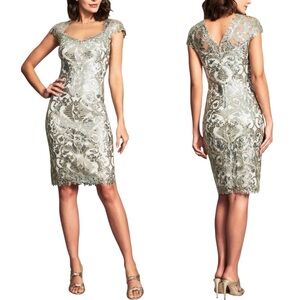 Tadashi Shoji, Womens Sheath Dress, ‘Herschel’ Lace Embroidered Gold/Green, SZ 2